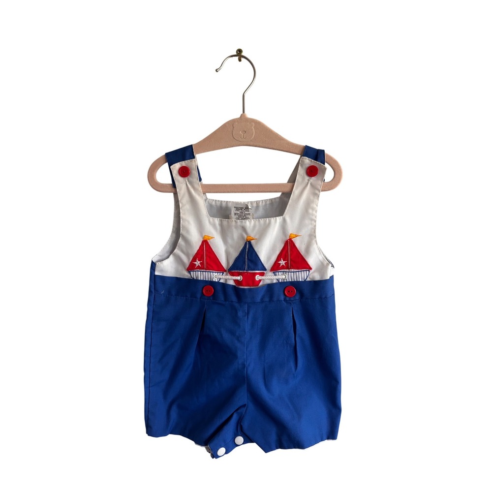 Vintage Mayfair Baby Boy Nautical Sailboat Sunsuit Romper Blue White 6-9 Months